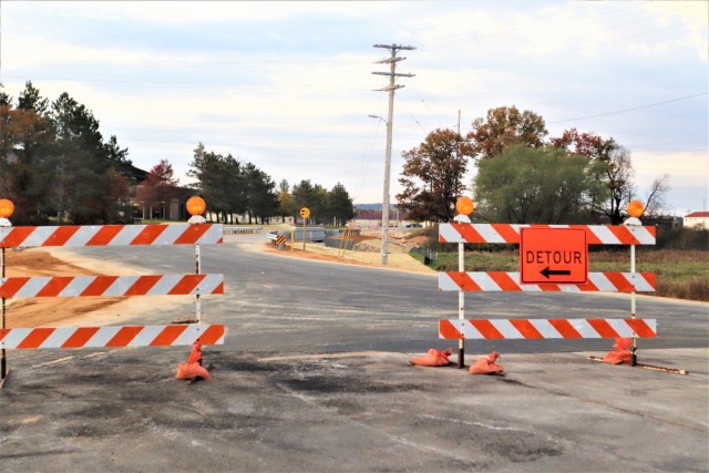 The area of construction operations is shown at a bridge area on South J Street on Oct. 27, 2021, where a new bridge was built on the street at Fort McCoy, Wis. The new bridge was built over Tarr Creek on the installation’s cantonment area. Fort...