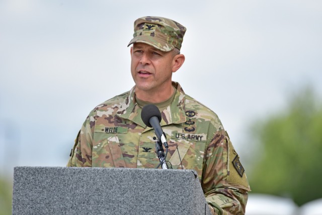 Incoming commander Col. Marc Welde addressing the audience during the 32d Medical Brigade Change of Command Ceremony.
