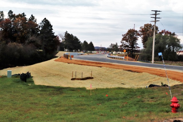 The area of construction operations is shown at a bridge area on South J Street on Oct. 27, 2021, where a new bridge was built on the street at Fort McCoy, Wis. The new bridge was built over Tarr Creek on the installation’s cantonment area. Fort...