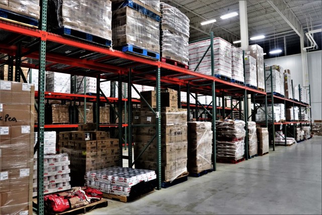Stored food items are shown Oct. 14, 2021, at the warehouse for the Fort McCoy Logistics Readiness Center Food Program Management Office and Supply Subsistence Management Office in building 490 at Fort McCoy, Wis. The installation’s food-service...