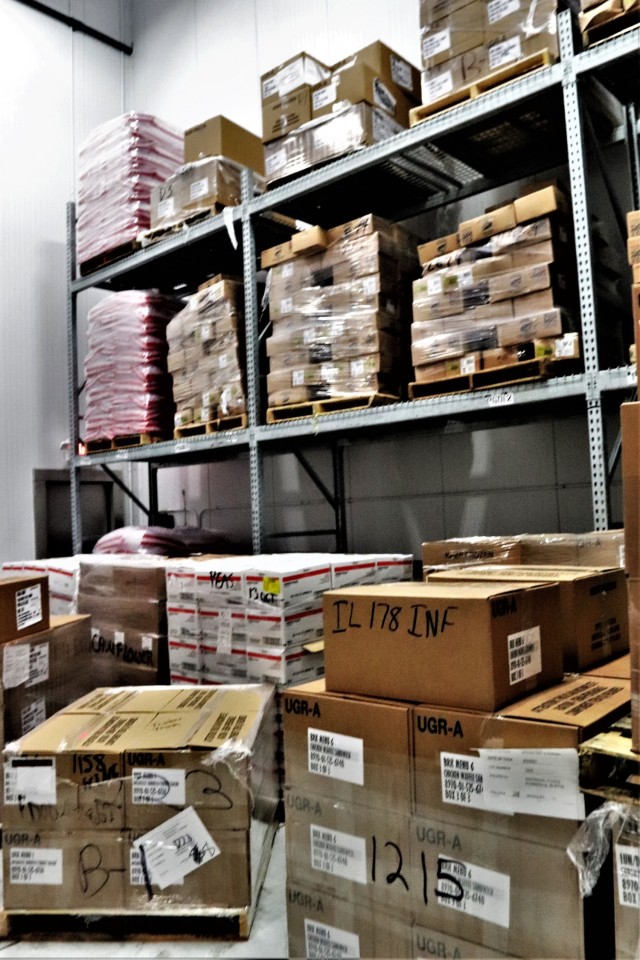 Stored food items are shown Oct. 14, 2021, at the warehouse for the Fort McCoy Logistics Readiness Center Food Program Management Office and Supply Subsistence Management Office in building 490 at Fort McCoy, Wis. The installation’s food-service...