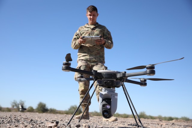 U.S. Army PFC. Benjamin Sargent, assigned to 82nd Airborne Division, prepares a multi-mission payload Unmanned Aerial System for launch during Project Convergence at Yuma Proving Grounds, Ariz. on October 26, 2021. During PC21, Soldiers are experimenting with ways to use UAS to help Soldiers see on the battlefield. 

Project Convergence is the Army&#39;s campaign of learning designed to aggressively advance and integrate our Army&#39;s contributions, based on a continuous structured series of demonstrations and experiments throughout the year. It ensures that the Army is part of the joint fight and can rapidly and continuously integrate or converge effects across all domains: air, land, sea, space, and cyberspace; to overmatch our adversaries in competition and conflict. Project Convergence ensures the Army has the right people with the right systems, properly enabled in the right places to support the joint fight. 

(U.S. Army photo by Sgt. Marita Schwab)