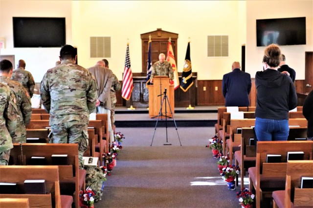 Dozens of community members are shown Nov. 4, 2021, during their participation in the 2021 Veterans Day Prayer Luncheon at Fort McCoy, Wis. The event was organized by the Fort McCoy Garrison Religious Support Office. (U.S. Army Photo by Scott T....