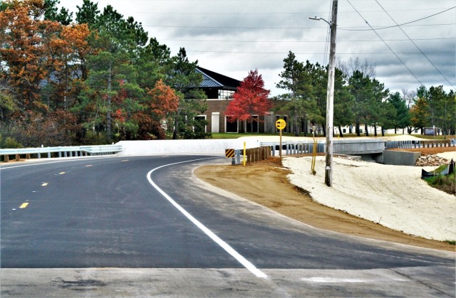 The area of construction operations is shown at a bridge area on South J Street on Oct. 29, 2021, where a new bridge was built on the street at Fort McCoy, Wis. The new bridge was built over Tarr Creek on the installation’s cantonment area. Fort...