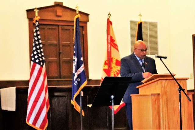 Retired Wisconsin State Patrol Maj. Darren Price gives his presentation Nov. 4, 2021, as the guest speaker for the 2021 Veterans Day Prayer Luncheon at Fort McCoy, Wis. Price, a military veteran, is now a pastor with the Tomah (Wis.) Pentecostal...
