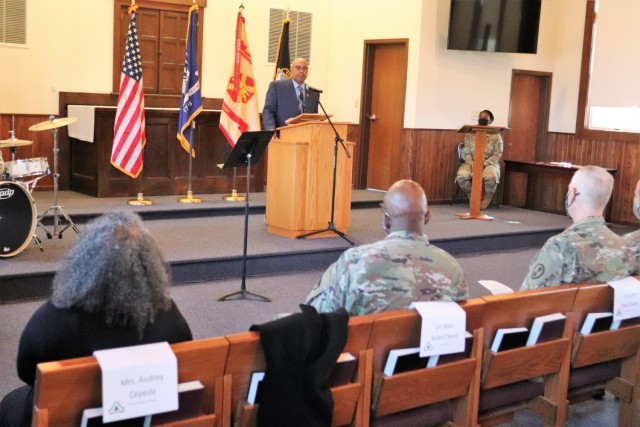 Retired Wisconsin State Patrol Maj. Darren Price gives his presentation Nov. 4, 2021, as the guest speaker for the 2021 Veterans Day Prayer Luncheon at Fort McCoy, Wis. Price, a military veteran, is now a pastor with the Tomah (Wis.) Pentecostal...