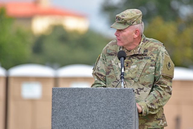 Maj. Gen. Dennis LeMaster, Commanding General U.S. Army Medical Center of Excellence, giving his remarks during the 32nd Medical Brigade Change of Command Ceremony.