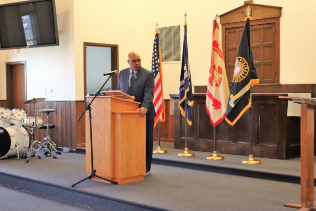 Retired Wisconsin State Patrol Maj. Darren Price gives his presentation Nov. 4, 2021, as the guest speaker for the 2021 Veterans Day Prayer Luncheon at Fort McCoy, Wis. Price, a military veteran, is now a pastor with the Tomah (Wis.) Pentecostal...