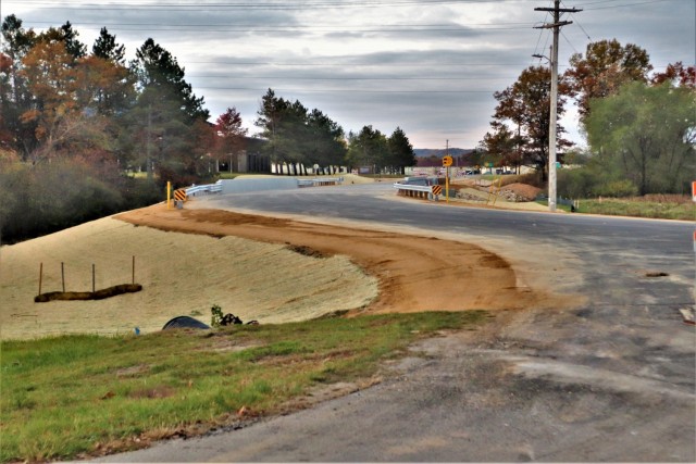 The area of construction operations is shown at a bridge area on South J Street on Oct. 27, 2021, where a new bridge was built on the street at Fort McCoy, Wis. The new bridge was built over Tarr Creek on the installation’s cantonment area. Fort...