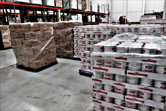 Stored food items are shown Oct. 14, 2021, at the warehouse for the Fort McCoy Logistics Readiness Center Food Program Management Office and Supply Subsistence Management Office in building 490 at Fort McCoy, Wis. The installation’s food-service...