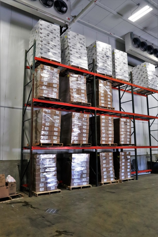Stored food items are shown Oct. 14, 2021, at the warehouse for the Fort McCoy Logistics Readiness Center Food Program Management Office and Supply Subsistence Management Office in building 490 at Fort McCoy, Wis. The installation’s food-service...