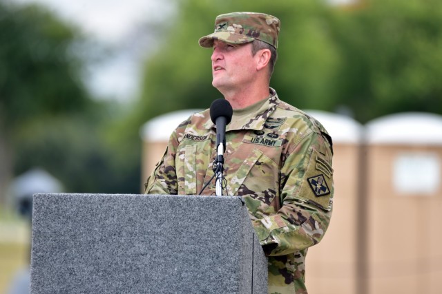 Outgoing commander Col. Wesley Anderson addressing the audience during the 32d Medical Brigade Change of Command Ceremony.