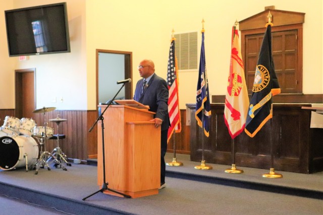 Retired Wisconsin State Patrol Maj. Darren Price gives his presentation Nov. 4, 2021, as the guest speaker for the 2021 Veterans Day Prayer Luncheon at Fort McCoy, Wis. Price, a military veteran, is now a pastor with the Tomah (Wis.) Pentecostal...