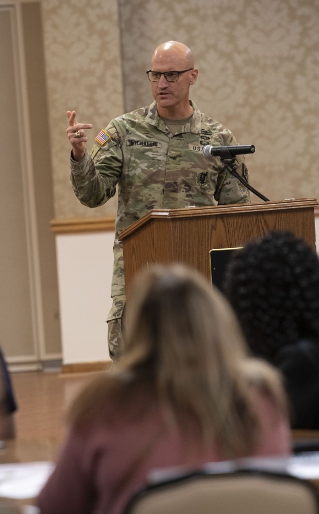 Brig. Gen. Patrick R. Michaelis, Fort Jackson commander, speaks during the Community Information Town Hall Nov. 5 at the NCO Club on post.