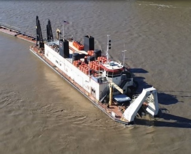 The Dredge Goetz operating on the Missouri River assisting the Kansas City District by participate in a pilot project to dredge sediment that had created shallow areas in the shipping channel November 3, 2021. Courtesy photo from drone footage by...