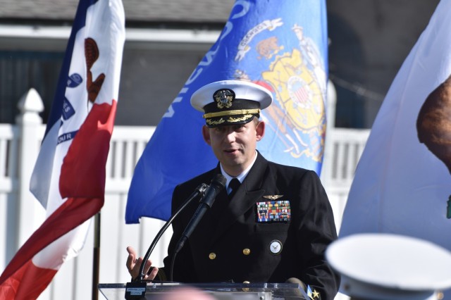 U.S. Navy Cmdr. Robert C. Ballard, Jr., Navy Talent Acquisitions Group Empire State executive officer, shares his story as one of the guest speakers during the Veterans Day ceremony held outside the Community Club on Fort Hamilton, N.Y., Nov 10, 2021.  This year’s emphasis was on the 20th anniversary of the Global War on Terrorism.  Members from each branch of the military reflected on their personal service and their military branch’s role supporting GWOT operations.