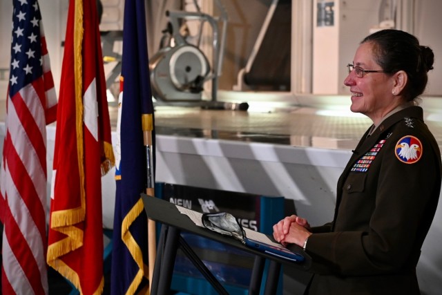 Lt. Gen. Jody Daniels, chief of Army Reserve and commanding general, U.S. Army Reserve Command, delivers a speech during a commissioning ceremony for Dr. Kate Rubins at NASA’s Johnson Space Center in Houston, Nov. 2, 2021. (U.S. Army Reserve photo by Sgt. 1st Class Javier Orona)