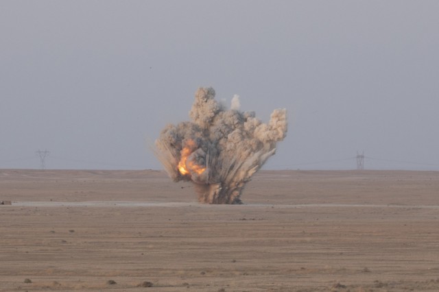 A five-hundred pounds bomb detonates on a target an Iraqi Tactical Attack Controller (ITAC) from the Counter Terrorism Services called in during the Phoenix Fires exercise near Al Asad Air Base, Iraq, Oct. 25, 2021. The Phoenix Fires exercise allowed ITAC and Coalition Joint Terminal Attack Controllers to call in air strike during day and night operations. (U.S. Army Photo by Staff SGT Jose A. Torres Jr.)
