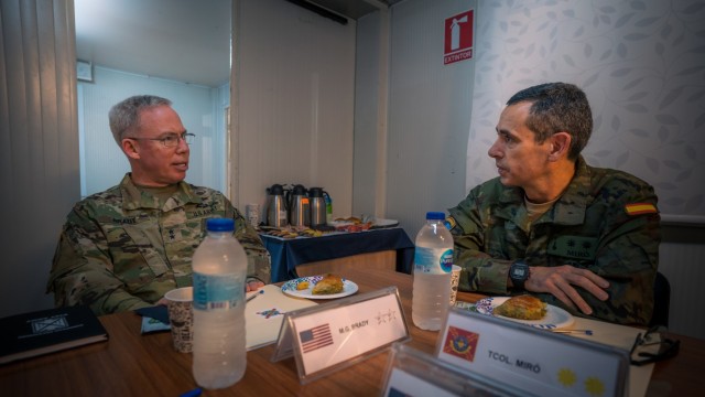 Spanish Army Lt. Col. Antonio Miro, commander of the Spanish NATO task force at Incirlik Air Base, Turkey, and U.S. Army Maj. Gen. Greg Brady, commander of the 10th Army Air and Missile Defense Command, discuss their planned participation in exercise Ramstein Legacy 2022 later this summer.
