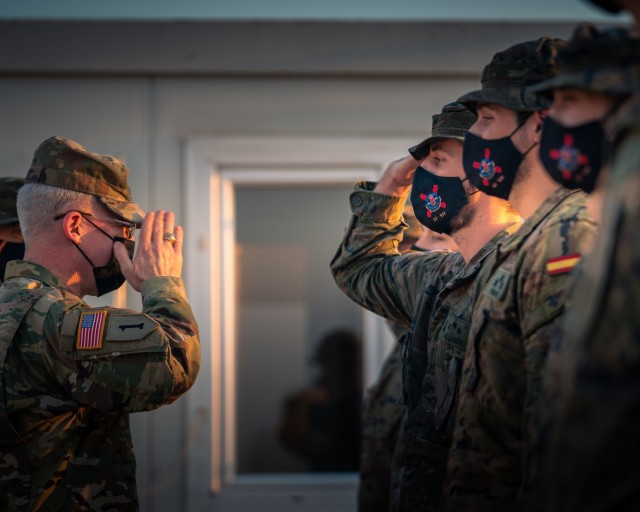 Senior officers from the Spanish Army NATO task force at Incirlik Air Base, Turkey, greet U.S. Army Maj. Gen. Greg Brady during a site visit on Nov. 3, 2021. (U.S. Army photo by Maj. Robert Fellingham)