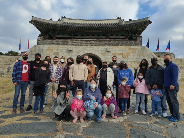 U.S. Army Garrison Humphreys Soldiers and their Families gather in front of Hwaseong Fortress in Suwon, South Korea, Nov. 13, 2021. (U.S. Army photo by Chaplain (Maj.) Christian Bang)