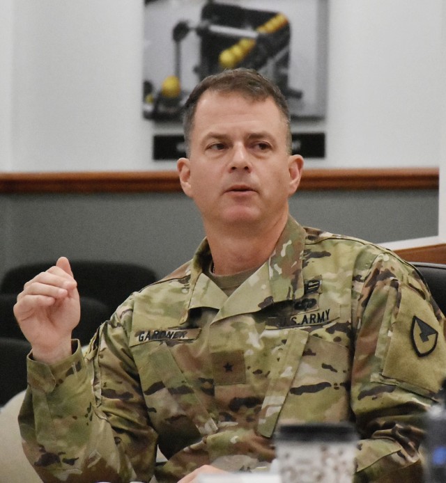 Brig. Gen. Gavin Gardner, commanding general of U.S. Army Joint Munitions Command, addresses the leaders of the ammunition Organic Industrial Base at JMC’s Commanders Forum Oct. 26. The conference focused on how JMC, the entity responsible for providing all conventional munitions for the U.S. military, and its 17 subordinate commands that make up the ammunition OIB, are transforming together to increase readiness for the warfighter and modernize for the 21st century-environment. 