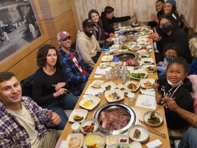 U.S. Army Garrison Humphreys Soldiers and their Families enjoy the dinner at King Galbi BBQ Restaurant in Suwon, South Korea, Nov. 13, 2021. (U.S. Army photo by Chaplain (Maj.) Christian Bang)