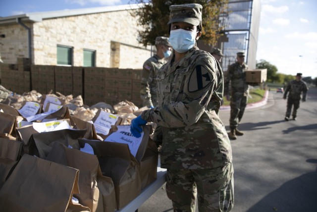 Unit ministry teams from Fort Hood gathered to provide turkey baskets to families in need at Fort Hood, Texas, Nov. 17, 2021. Soldiers are nominated by their units and receive a turkey, side dishes, and desert to celebrate Thanksgiving with their loved ones and family members. (U.S. Army photo by Sgt. Melissa N. Lessard)