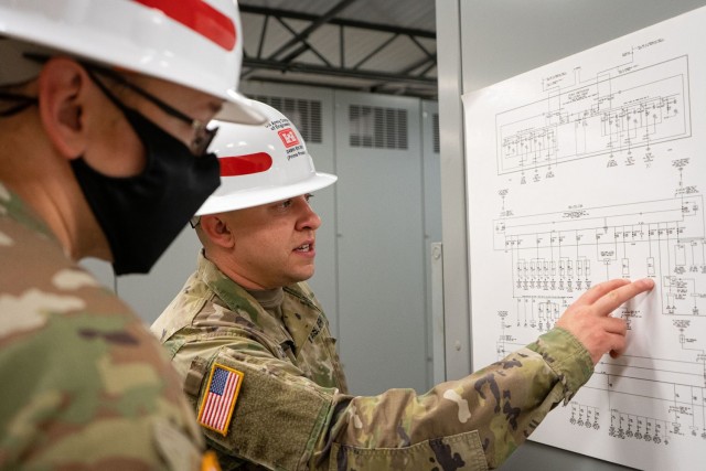 U.S. Army Sgt. Logan Cummings, back, examines an electrical one-line diagram alongside fellow 249th Engineer Battalion Charlie Company Prime Power production specialist Staff Sgt. Daniel Dipilato, during Exercise Empire Rising 2021 at the U.S....