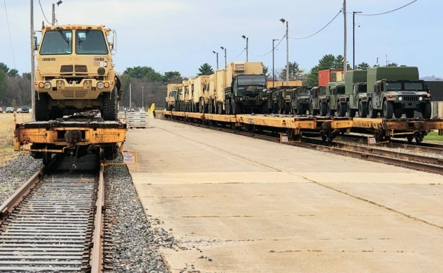Equipment belonging to a deploying Army unit is shown on railcars as part of rail operations April 27, 2021 at Fort McCoy, Wis. Whether it was moving troops and equipment during World War II or other contingencies, or bringing in or sending out...