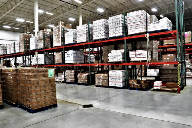 Stored food items are shown Oct. 14, 2021, at the warehouse for the Fort McCoy Logistics Readiness Center Food Program Management Office and Supply Subsistence Management Office in building 490 at Fort McCoy, Wis. The installation’s food-service...