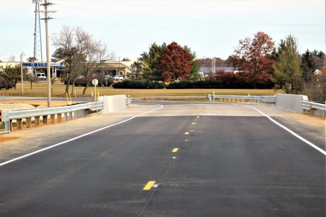 The area of construction operations is shown at a bridge area on South J Street on Nov. 10, 2021, where a new bridge was built on the street at Fort McCoy, Wis. The new bridge was built over Tarr Creek on the installation’s cantonment area. Fort...