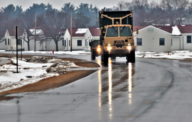 Soldiers operate a military truck on the cantonment area Jan. 14, 2021, during training operations at Fort McCoy, Wis. Fort McCoy’s motto is to be the “Total Force Training Center.” Located in the heart of the upper Midwest, Fort McCoy is...