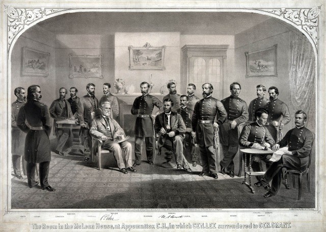 A drawing depicts the room in the McLean House in Appomattox Court House, Va., in which Confederate Gen. Robert E. Lee, seated left, surrendered to Union Gen. Ulysses S. Grant, seated next to Lee. Ely S. Parker is fifth from the right, standing with his left arm on a chair.