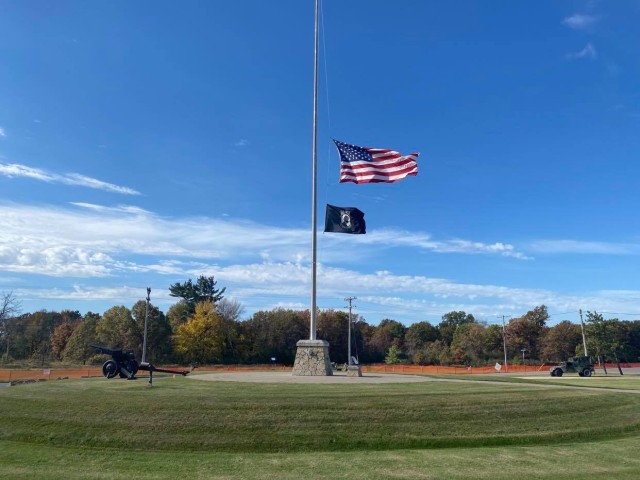The U.S. flag is shown at half-staff Oct. 20, 2021, at Fort McCoy, Wis., in honor of Army Gen. Colin Powell, who recently died at the age of 84. Powell was the chairman of the Joint Chiefs of Staff during Operation Desert Storm in 1991 and also served four years as the U.S. Secretary of State in the early 2000s. (U.S. Army Photo by Christopher Hanson, Public Affairs Office, Fort McCoy, Wis.)