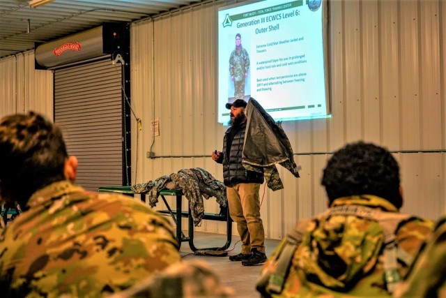 Hunter Heard, instructor with the Fort McCoy Cold-Weather Operations Course, teaches a class for Soldiers with the 1st Squadron, 32nd Cavalry Regiment “Bandits” during training Nov. 12, 2021, at a Fort McCoy, Wis., range as part of Operation...