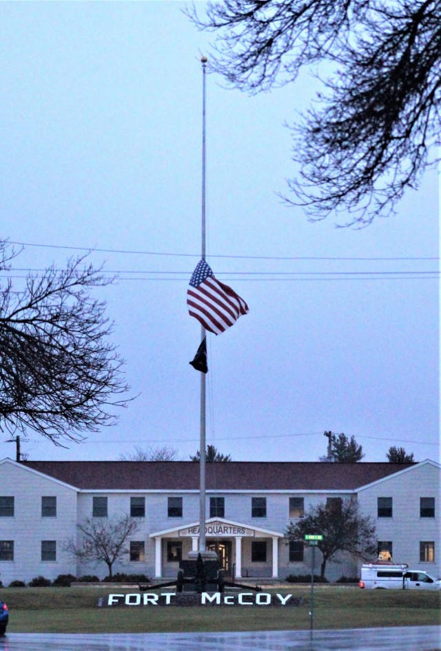 The U.S. flag is shown at half-staff Oct. 21, 2021, at Fort McCoy, Wis., in honor of Army Gen. Colin Powell, who recently died at the age of 84. Powell was the chairman of the Joint Chiefs of Staff during Operation Desert Storm in 1991 and also served four years as the U.S. Secretary of State in the early 2000s. (U.S. Army Photo by Scott T. Sturkol, Public Affairs Office, Fort McCoy, Wis.)