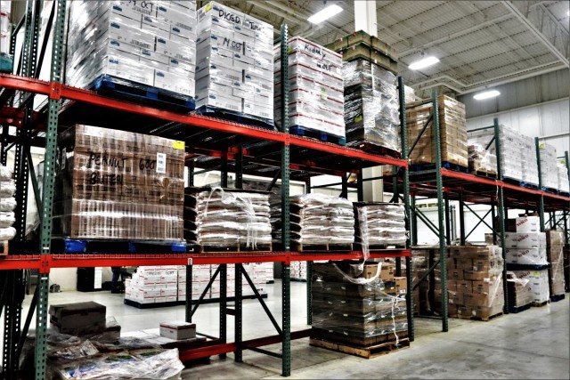 Stored food items are shown Oct. 14, 2021, at the warehouse for the Fort McCoy Logistics Readiness Center Food Program Management Office and Supply Subsistence Management Office in building 490 at Fort McCoy, Wis. The installation’s food-service...