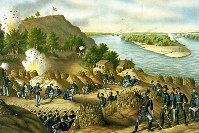 A painting shows artillery pieces used by the Union Army during the siege of Vicksburg, Miss.