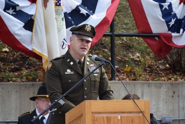 Col. Todd Allison, garrison commander, U.S. Army Garrison Rock Island Arsenal, speaks at the Hero Street Memorial Park Veterans Day Ceremony in Silvis, Illinois, held Nov. 11.