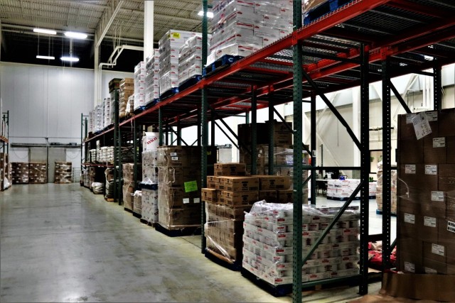 Stored food items are shown Oct. 14, 2021, at the warehouse for the Fort McCoy Logistics Readiness Center Food Program Management Office and Supply Subsistence Management Office in building 490 at Fort McCoy, Wis. The installation’s food-service...