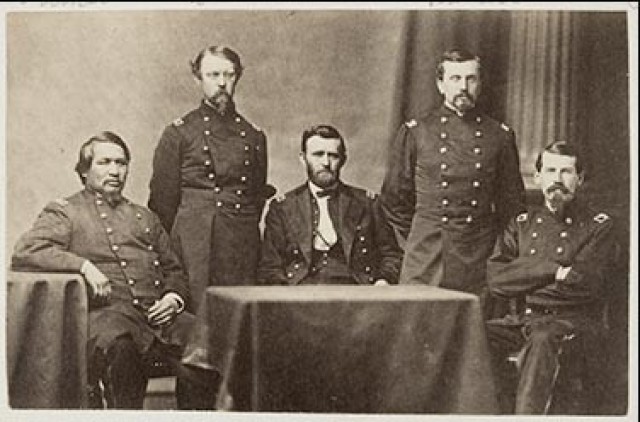 Ely S. Parker, left, and Ulysses S. Grant, center, are pictured together in an undated photo.