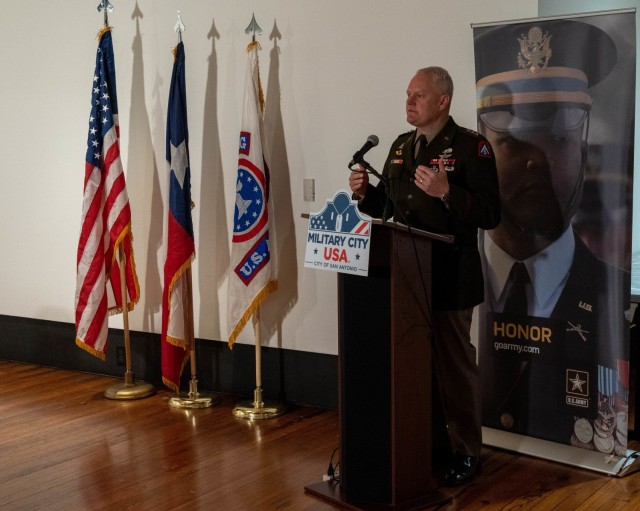 U.S. Army North Commanding General Lt. Gen. John R. Evans, Jr., speaks about the city of San Antonio and the United States Army Partnership for Youth Success (PaYS) Program at the Plaza de Armas Gallery, San Antonio, Texas, Nov. 19, 2021. The U.S. Army PaYS Program guarantees Soldiers and ROTC cadets five job interviews and possible employment with the city of San Antonio government after their service in the U.S. Army.