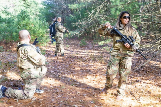 Civilian employees from the U.S. Army Combat Capabilities Development Command Soldier Center learn patrolling tactics in the field during the center’s Greening training event held November 1-5, 2021, at Fort Devens, Massachusetts.