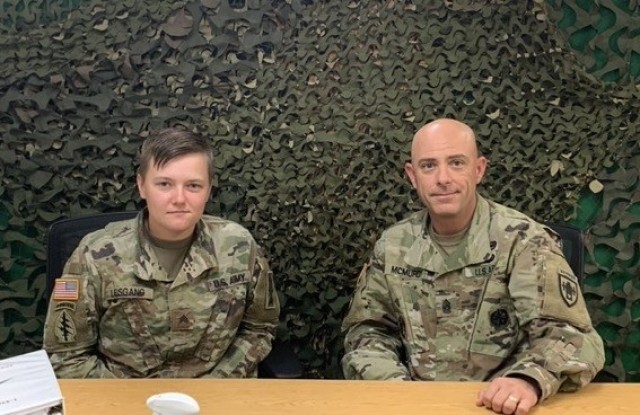 Field Artillery School Command Sgt. Maj. Michael McMurdy meets with Sgt. Meranda Leisgang, a Wisconsin Army National Guard Soldier and field artillery instructor, during a recent leadership and capability visit to Fort McCoy’s Regional Training...