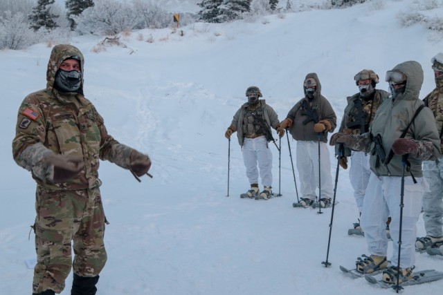 Senior leaders from US Army Alaska gather around to learn about firing positions on skis and snowshoes at Black Rapids Training Site Nov 17 as a part of their Cold Weather Orientation Course. Black Rapids runs a “Train the Trainer” course and Cold Weather Orientation Course, for senior leaders, to provide units in USARAK with leaders that then go back to their units and train Soldiers in how to survive in the Arctic environment. (Photos provided by Staff Sgt. Christopher B. Dennis/USARAK Public Affairs NCO)