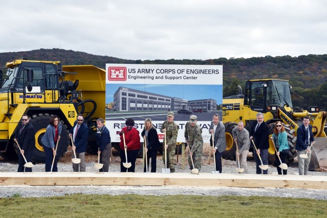 The U.S. Army Engineering and Support Center, Huntsville, holds a groundbreaking ceremony Nov. 4 to mark the beginning of construction for the Center's new 205,000 square-foot facility on Redstone Arsenal. Pictured, left to right, are...