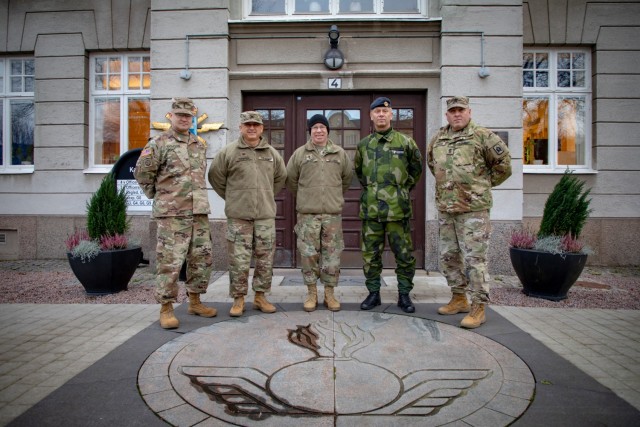 Senior leaders from 10th Army Air and Missile Defense Command, 164th Air Defense Artillery Brigade, and key leaders from the Swedish Armed Forces air defense regiment take time to pose for a photo opportunity in Halmstad, Sweden on November 18, 2021. (U.S. Army Photos by Sgt. 1st Class Terrance D. Rhodes)