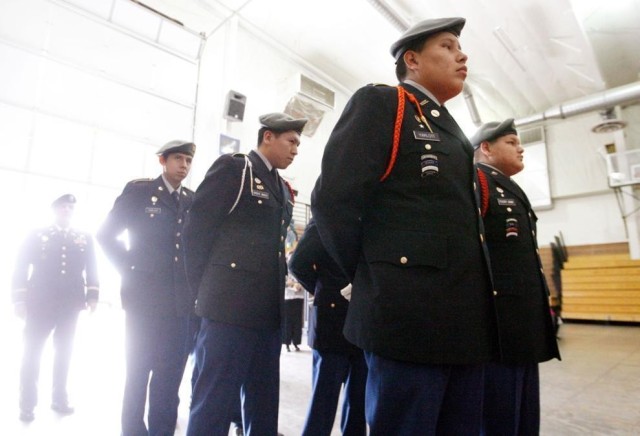Members of the Lodge Grass JROTC prepare to march in at the funeral for Joe Medicine Crow in Crow Agency on Wednesday, April 6, 2016. | Courtesy photo from the Billings Gazette. Used with permission.