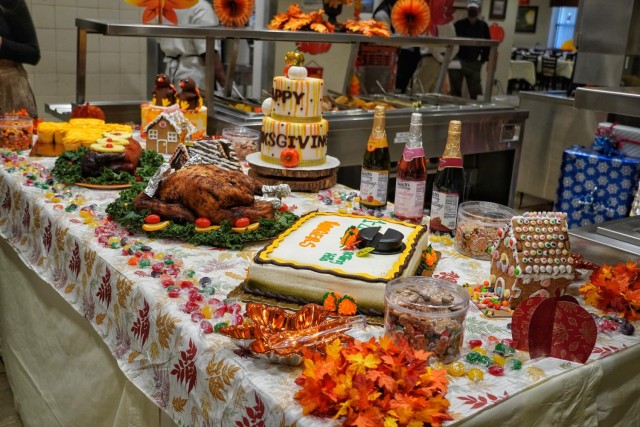 Elaborate food displays are a tradition at military Thanksgiving meals, such as this one created by culinary specialists for the Thanksgiving meal at the 75th Ranger Regiment Warrior Restaurant, Fort Benning, Georgia, Nov 23, 2021. The special...